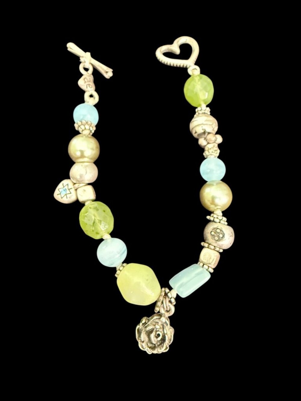 American Eagle Toggle Bracelet Green & Blue Beads Silver Accents Heart & Flowers